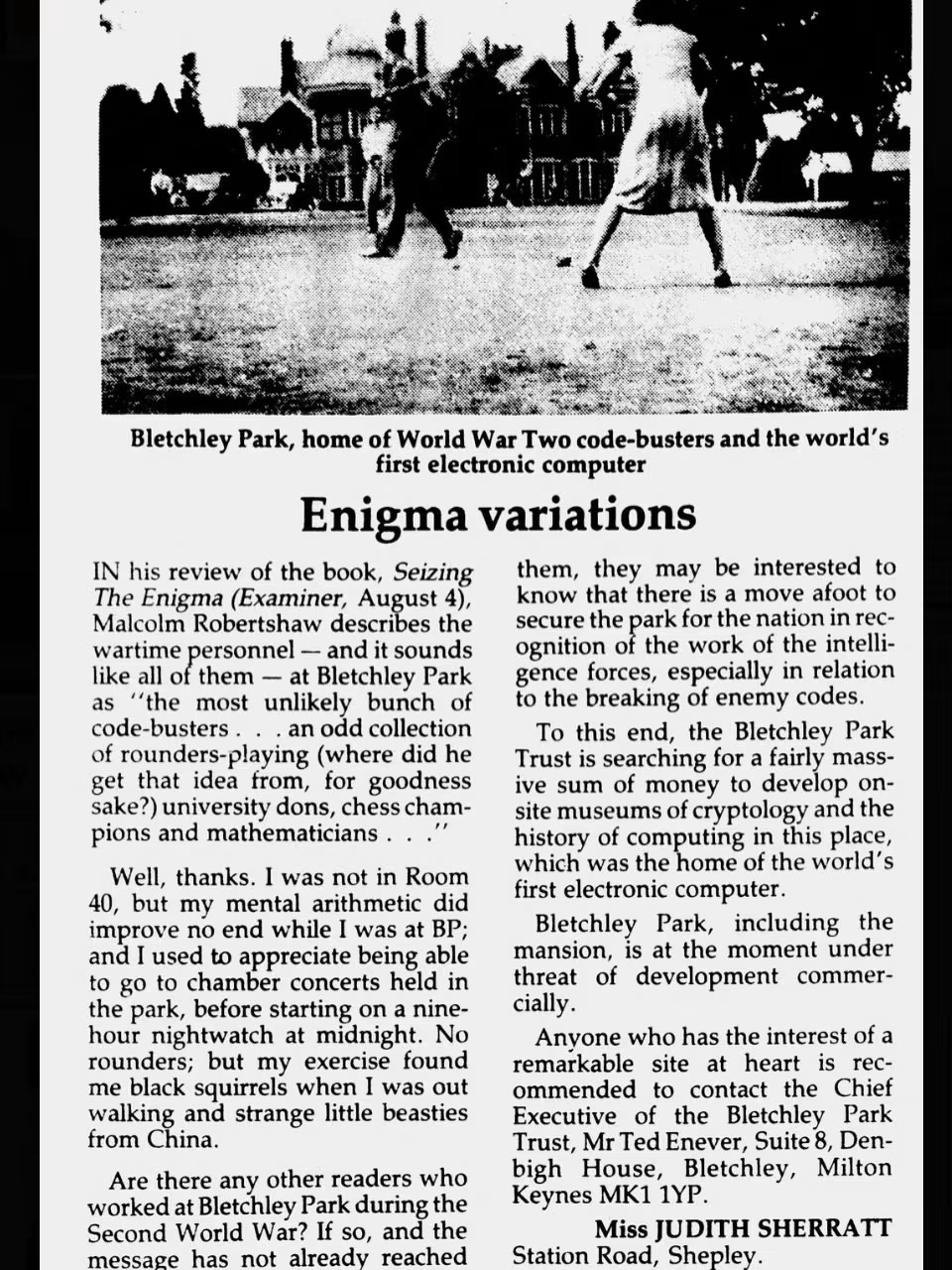 Enigma variations — Judith Sherratt’s letter