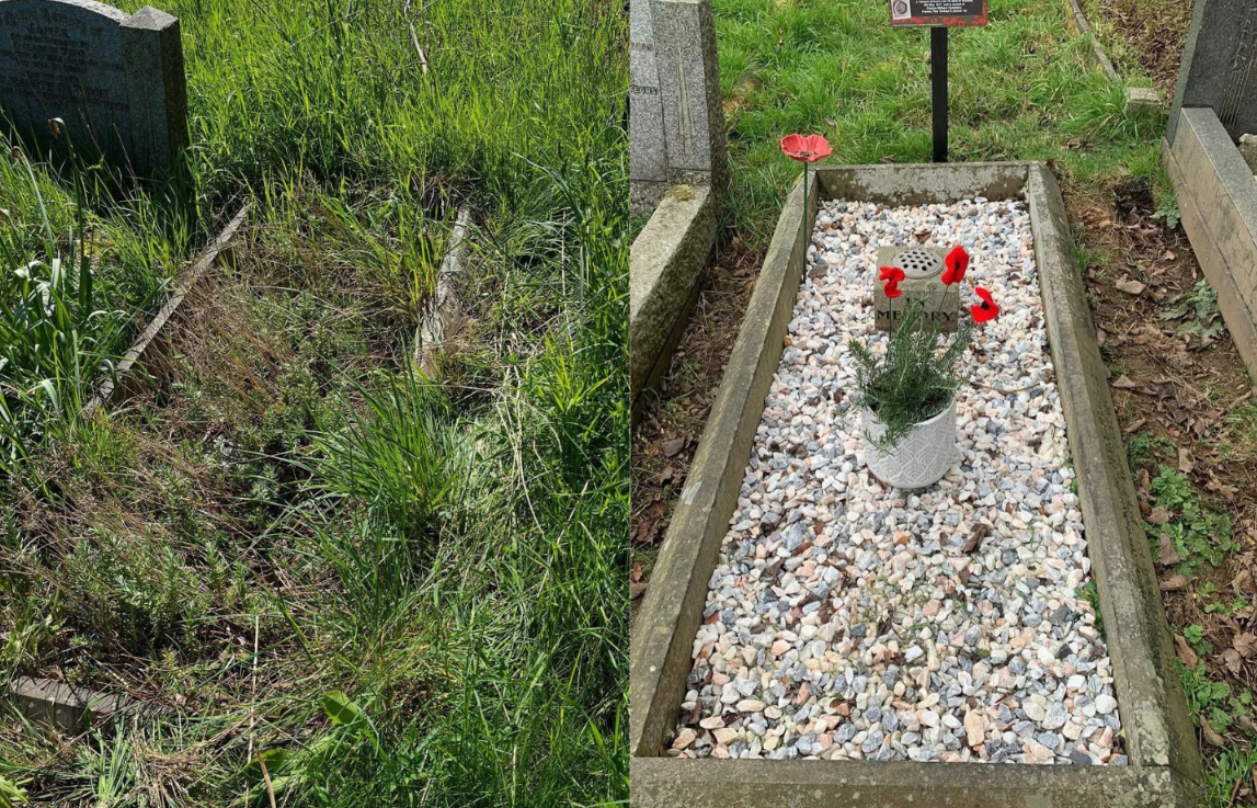 Before-and-after views of a family grave commemorating a soldier who is buried in France.